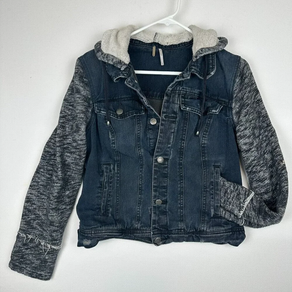 Free People Distressed Denim Jacket Knit Hood & Sleeves Dark Blue Wash - Picture 2 of 10